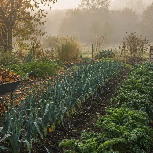 Planches de poireaux et de choux dans la brume du matin, brouette chargée de feuilles au bout de l'allée