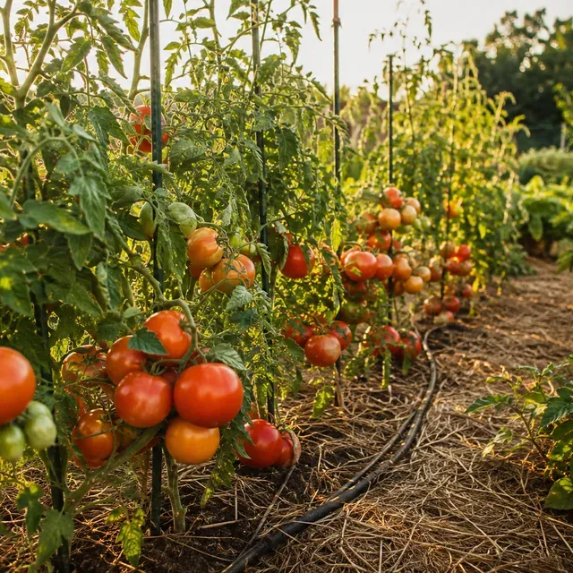 Rangée de pieds de tomates tuteurés chargés de fruits rouges et orangés, paillis de paille et tuyau goutte à goutte au sol