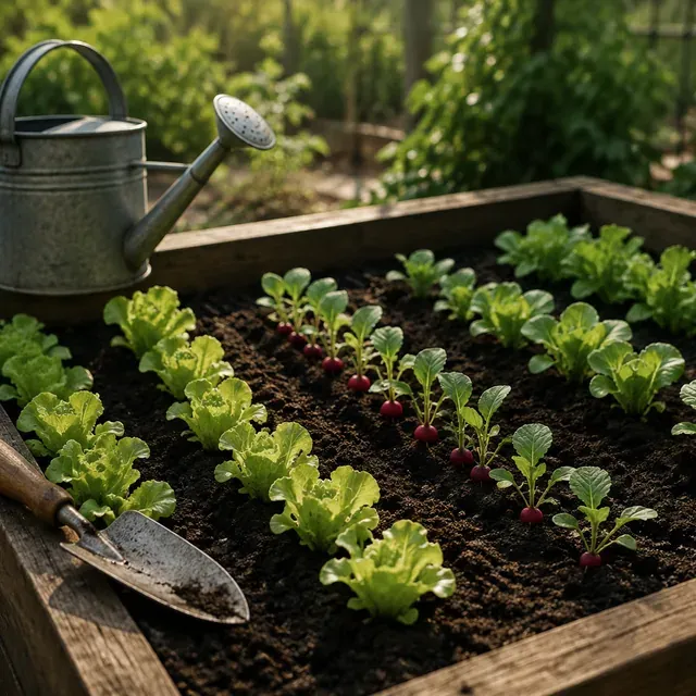 Carré potager en bois planté de rangs de jeunes laitues et de radis, arrosoir en zinc et truelle posés sur la bordure